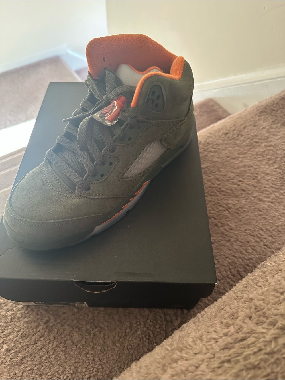 Jordan High-Top Suede Sneakers - Olive Green with Orange Accents